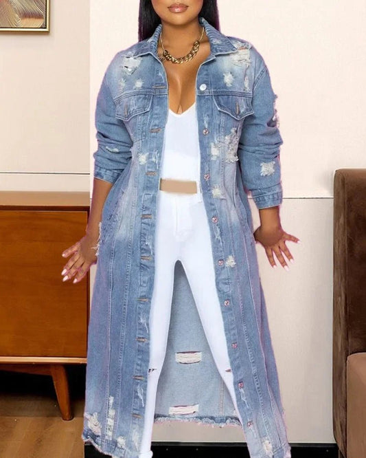 Ripped Raw Hem Button Front Longline Denim Coat Women Cardigan Breasted Holes Jackets Pockets High Street Outerwear Autumn - EverHype