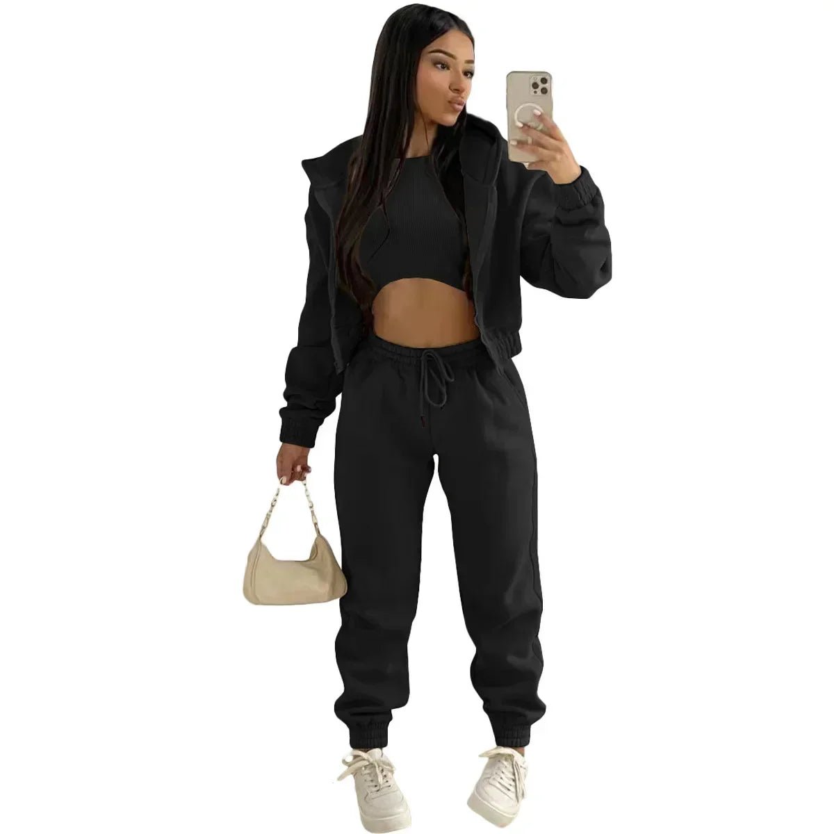 3pcs Women's Clothing Set Fleece - lined Hooded Sweater &Sleeveless Tank Top & Sports Sweatpants Pants - EverHype