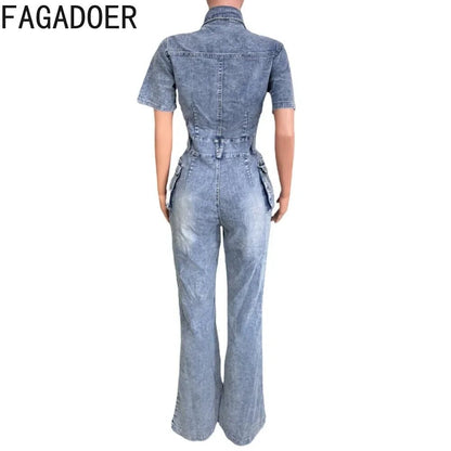 FAGADOER Blue Denim Jumpsuits Women Fashion Short Sleeve Lapel Cargo Pocket Stretchy Bodycon One Pieces Jeans Overall Streetwear - EverHype