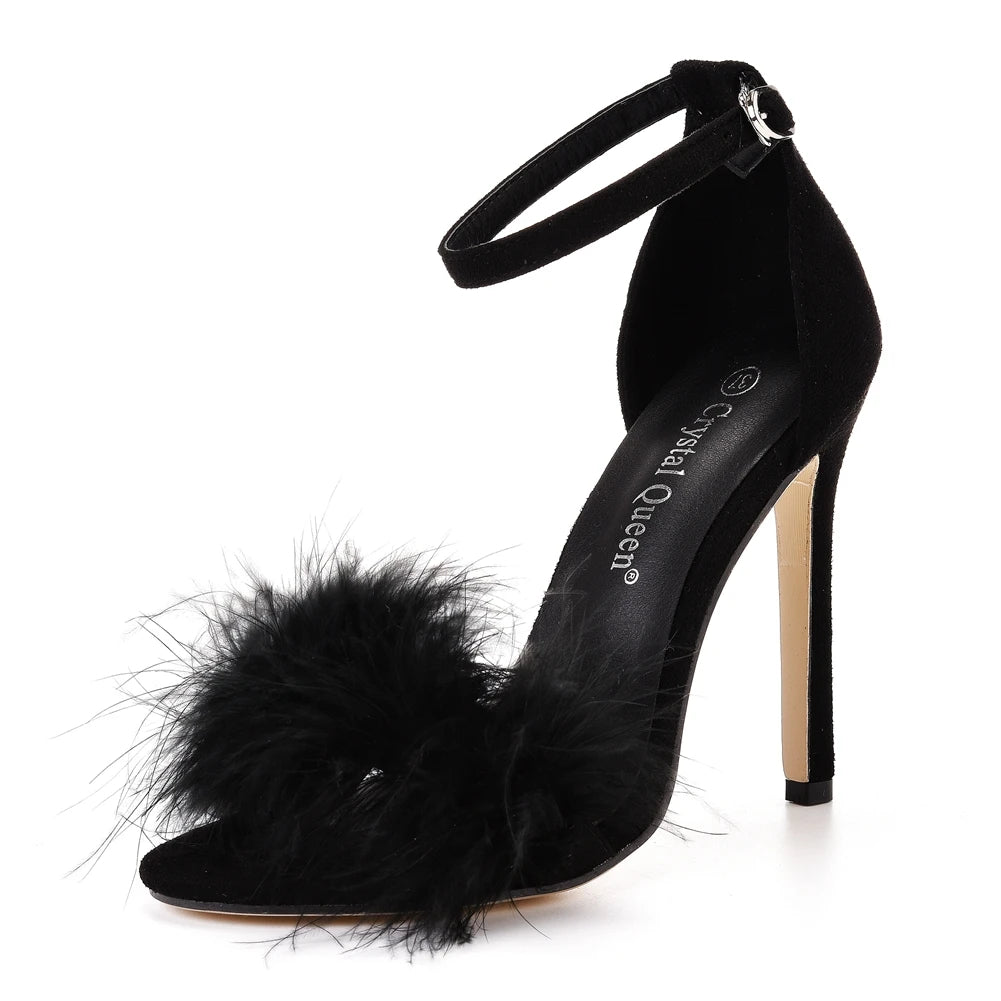 Crystal Queen Women Summer Sandals Fluffy Peep Toe Stilettos High Heels Fur Feather Lady Wedding Shoes Large Size 42 - EverHype