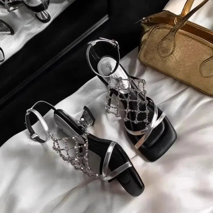 2025 New Summer Rhinestone Sandals Women's Block Heel High Heels - EverHype