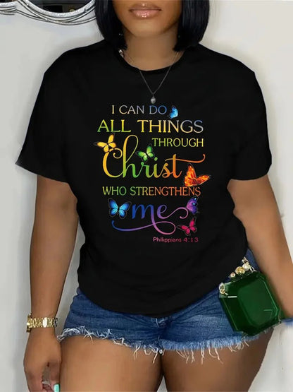 Plus Size Butterfly & Letter Print T-Shirt Casual Short Sleeve Top For Spring & Summer Women's Plus Size Clothing - EverHype