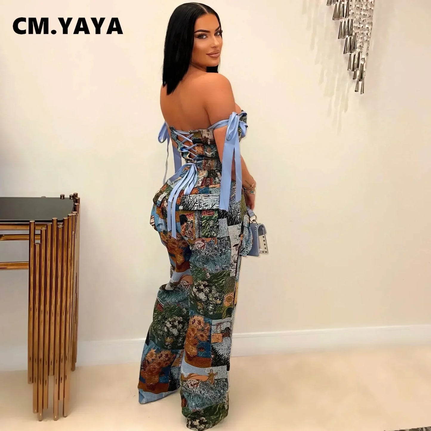 Women's Oil Painting 2 - Piece Set - Lace - Up Crop Top & Pants | Fall Winter Outfit - EverHype