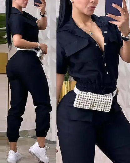 Women's Cargo Jumpsuit - Short Sleeve Pocket Design Drawstring | Working Jumpsuit - EverHype