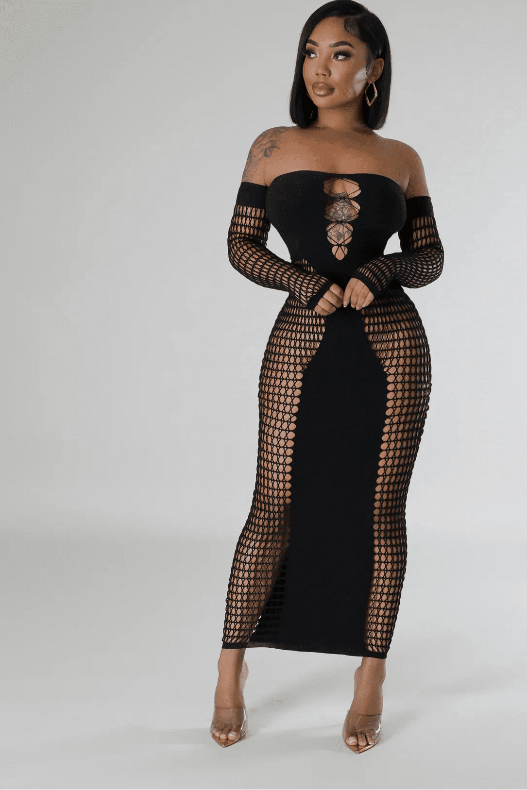 Mesh Maxi Dress - Strapless Long Sleeve Evening Party Dress for Women - EverHype