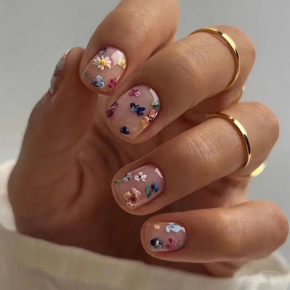 24Pcs Short Square Head Fake Nail with Colorful Flower Designs Wearable French False Nails Ballet Finished Jelly Stick on Nails - EverHype