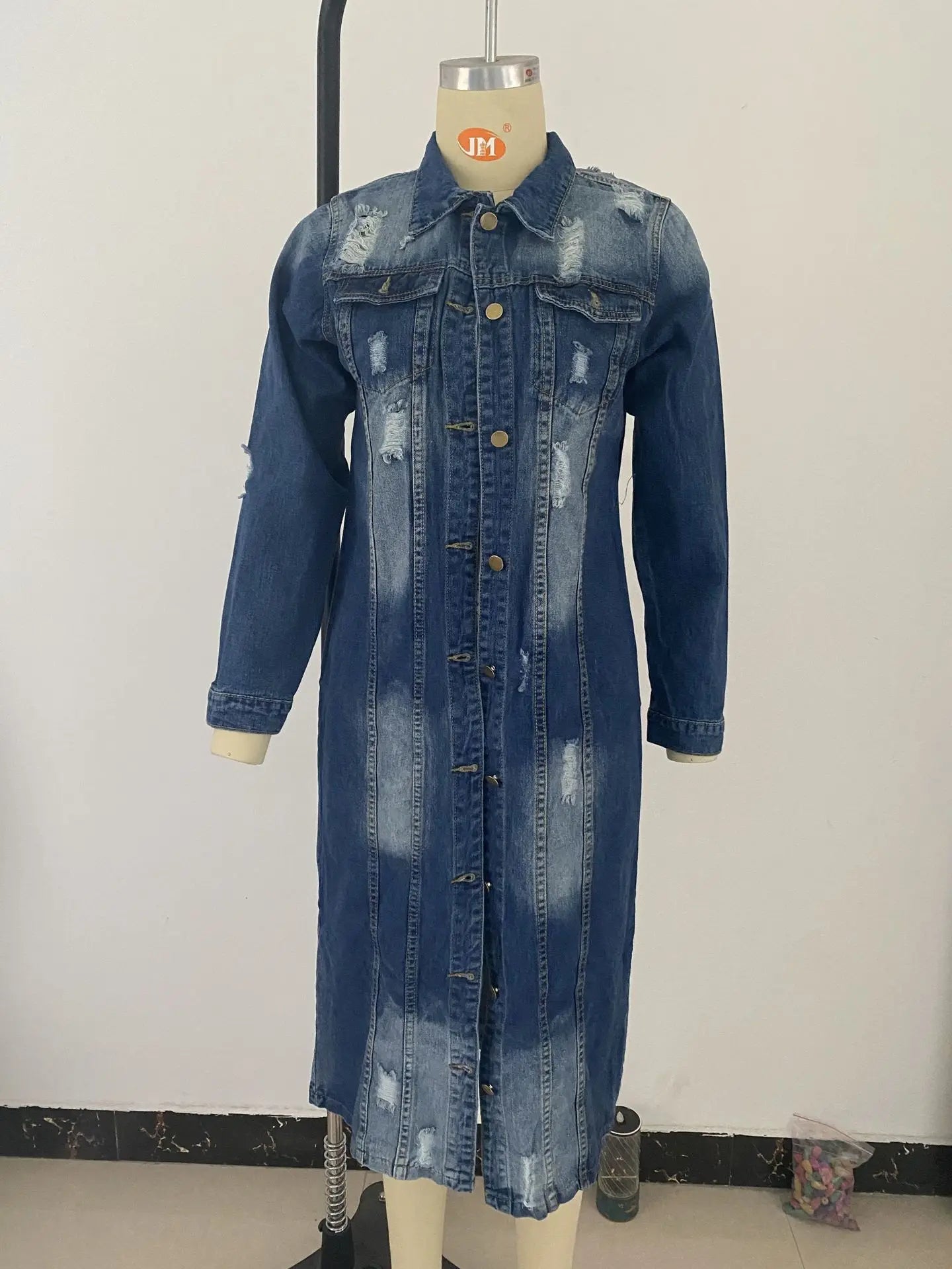 Ripped Raw Hem Button Front Longline Denim Coat Women Cardigan Breasted Holes Jackets Pockets High Street Outerwear Autumn - EverHype