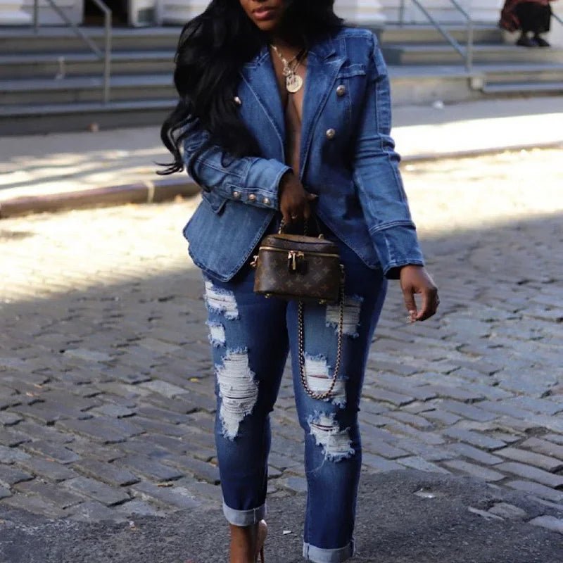 2025 New Fashion Women Jacket Notched Long Sleeve Double Breasted Slim Waist Denim Jean Suit Blazer Jacket - EverHype