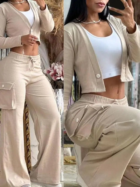 Women's 2 - Piece Cargo Set - Cardigan Top & Cargo Pants Outfit | Spring & Autumn - EverHype