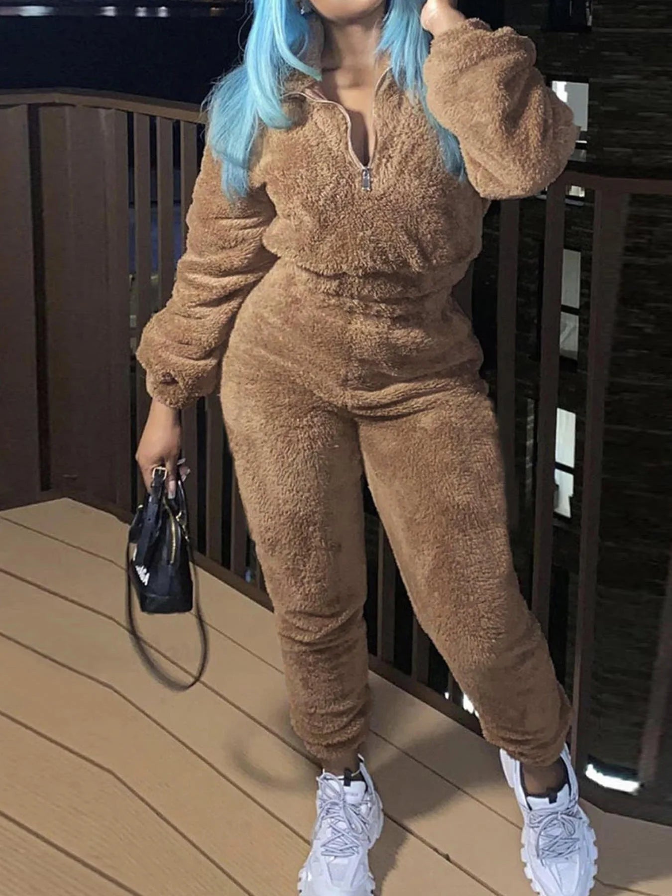 Winter New Plush Two Piece Set Casual Home Warm Suit For Women Fashion Zipper Lapel Pullover Top Elastic Waist Trousers Suit - EverHype