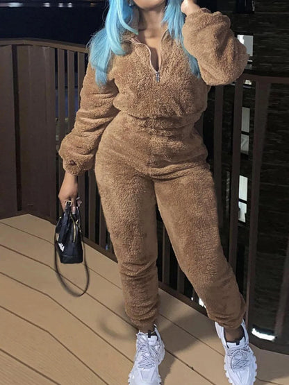 Winter New Plush Two Piece Set Casual Home Warm Suit For Women Fashion Zipper Lapel Pullover Top Elastic Waist Trousers Suit - EverHype