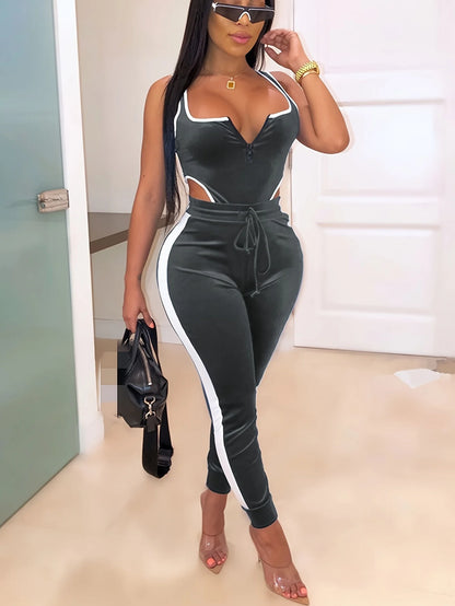 Sexy Bodycon 2pcs Set, Sleeveless Cut Out Bodysuit & High Waist Stretchy Pants, Women's Clothing - EverHype