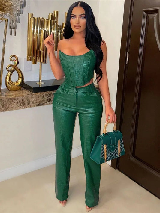Women's Green Corset Jumpsuit - Cut - Out Cargo PU Leather 2 - Piece Set | Sexy Clubwear - EverHype