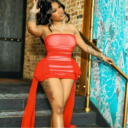 Ribbon Strapless Mesh Mini Dress - Sleeveless Evening Party Dress for Women - EverHype