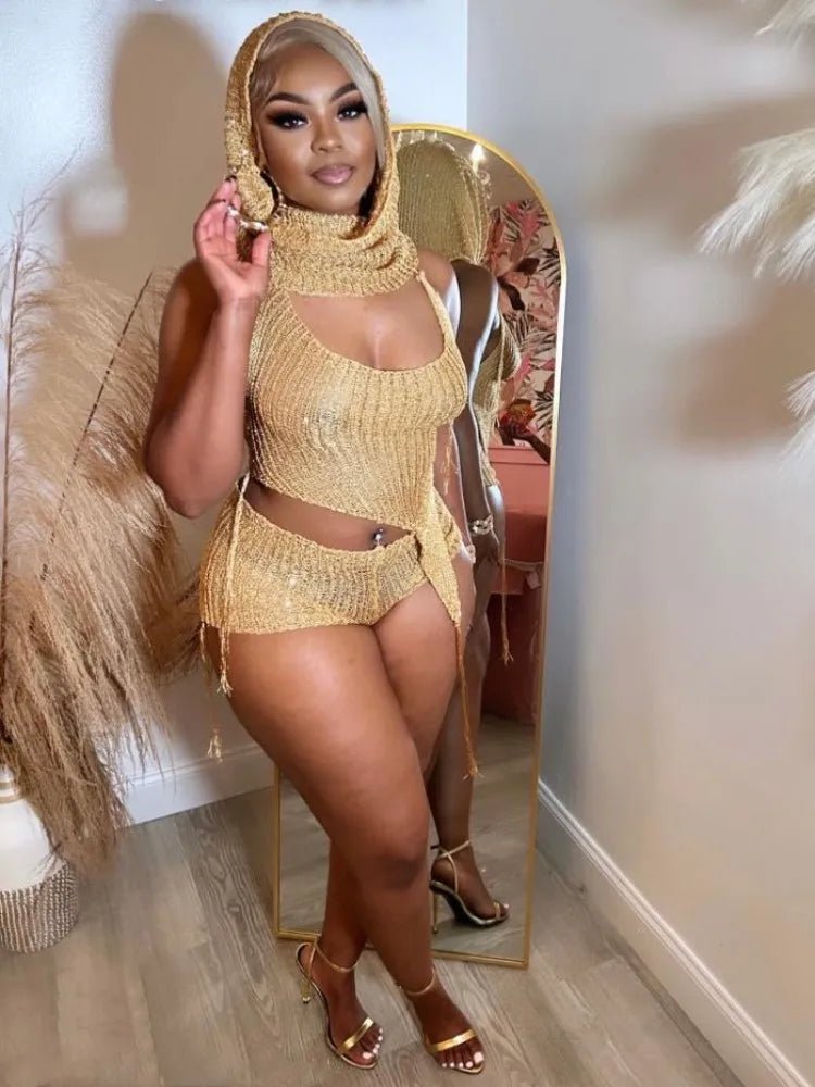 Joskaa Sequins Knit Beach 3 Piece Sets Women Sexy Backless Halter Irregular Top+Head Scarf+Shorts Matching Set Vacation Outfits - EverHype