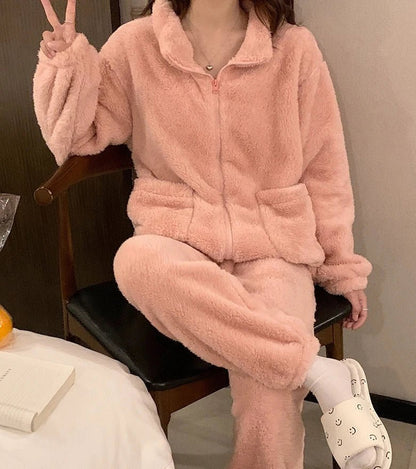 Women's Fuzzy Teddy 2 - Piece Set - Zip - Up Top & Pants Outfit | Autumn Loungewear - EverHype