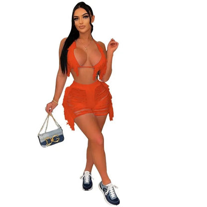 Knitted Bikini 2 - Piece Set - Sexy Cut Out Tassel Shorts | Beach Wear Outfit - EverHype