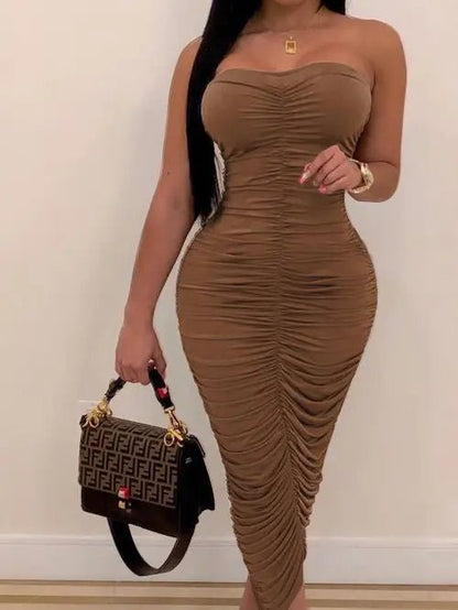 Ruched Bodycon Dress - Strapless Sleeveless Club Dress for Women - EverHype