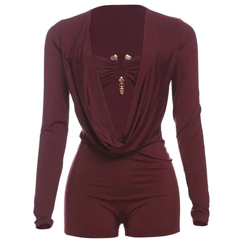 Jumpsuits for Women Sexy Deep V Neck Long Sleeve Romper Solid Color Bodycon Shorts Jumpsuit Club Wear One Piece Going Out Outfit - EverHype