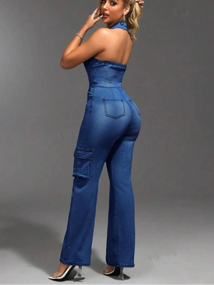 Mlaiscsr Women Clothing Blue Denim One Piece Jumpsuit Halter Backless Sleeveless Straight Jean Overalls Cargo Pants Rompers New - EverHype