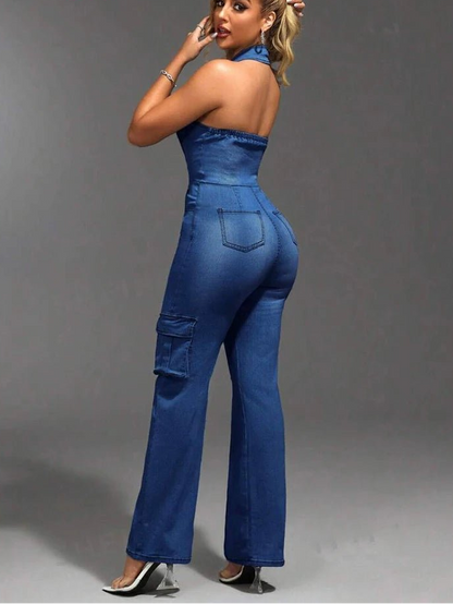 Mlaiscsr Women Clothing Blue Denim One Piece Jumpsuit Halter Backless Sleeveless Straight Jean Overalls Cargo Pants Rompers New - EverHype