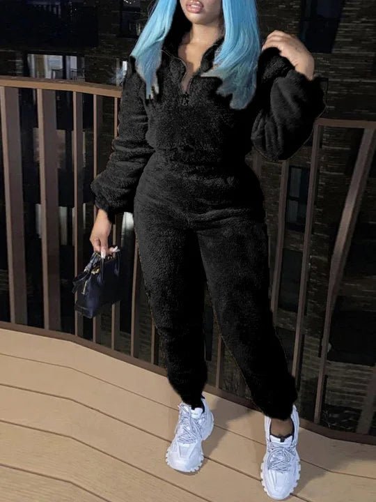 Winter New Plush Two Piece Set Casual Home Warm Suit For Women Fashion Zipper Lapel Pullover Top Elastic Waist Trousers Suit - EverHype