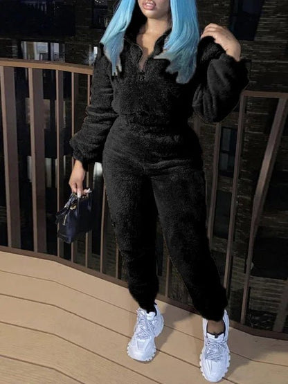 Winter New Plush Two Piece Set Casual Home Warm Suit For Women Fashion Zipper Lapel Pullover Top Elastic Waist Trousers Suit - EverHype