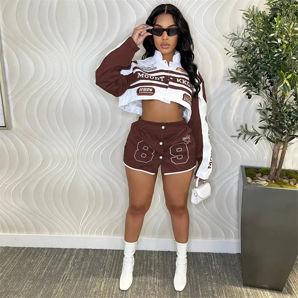 HLJ Letter Print Two Piece Outfits 2023 Autumn Winter Casual Sporty Baseball Coat Skirts Suits Detachable Buttons Y2k Streetwear - EverHype