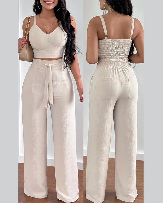 Women's 2 - Piece Pants Set - V - Neck Crop Top & Wide Leg Pants | Office Lady Suit - EverHype