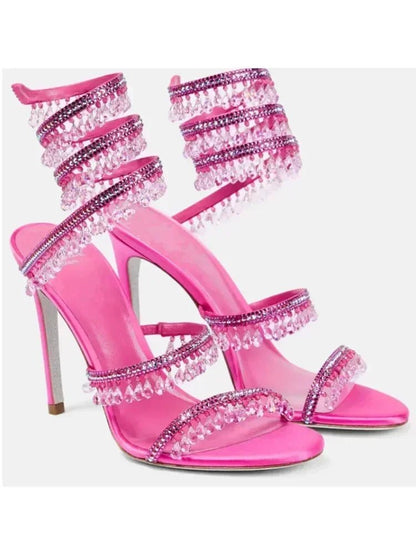 2025 Women's New Fashion Tassel Crystal Shoes Sexy Banquet Party Stiletto High Heels Women's Large Sandals Dance Shoes - EverHype