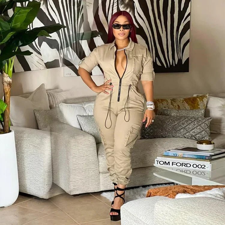 High Waist Jumpsuits Women Work Overalls Casual Half Sleeve Summer One Piece Pocket Long Cargo Pants Rompers Long Bodysuit - EverHype