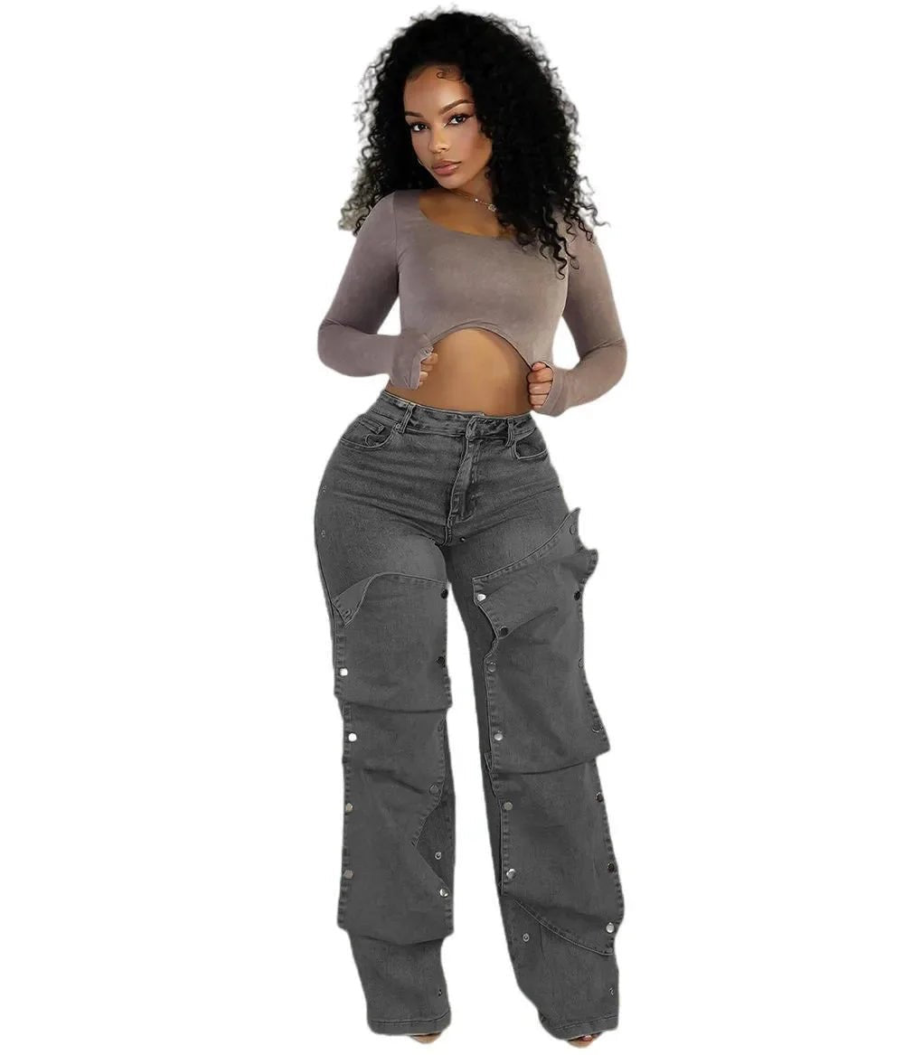 Button Cutout Cargo Wide Leg Jeans - Streetwear Denim Pants | EverHype 2026 - EverHype