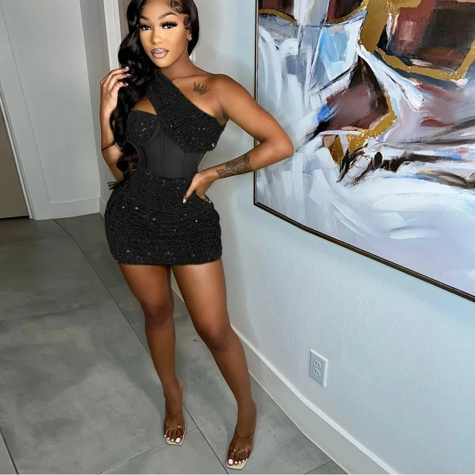 Sequin One Shoulder Party Dress - Sleeveless Backless Mini | Sexy Club Dress - EverHype