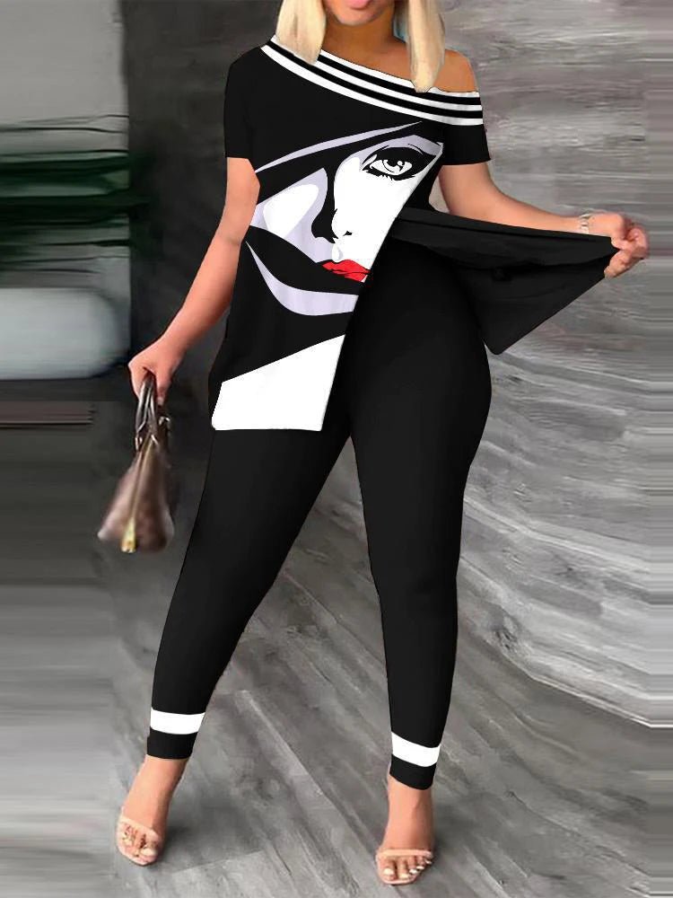 Women's 2 - Piece Office Set - Short Sleeve Shirt & Trousers | Casual Letter Print - EverHype