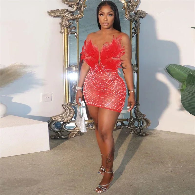 Sexy Feather Rhinestone Dress - Backless Diamond Mesh Bodycon | Birthday Party - EverHype