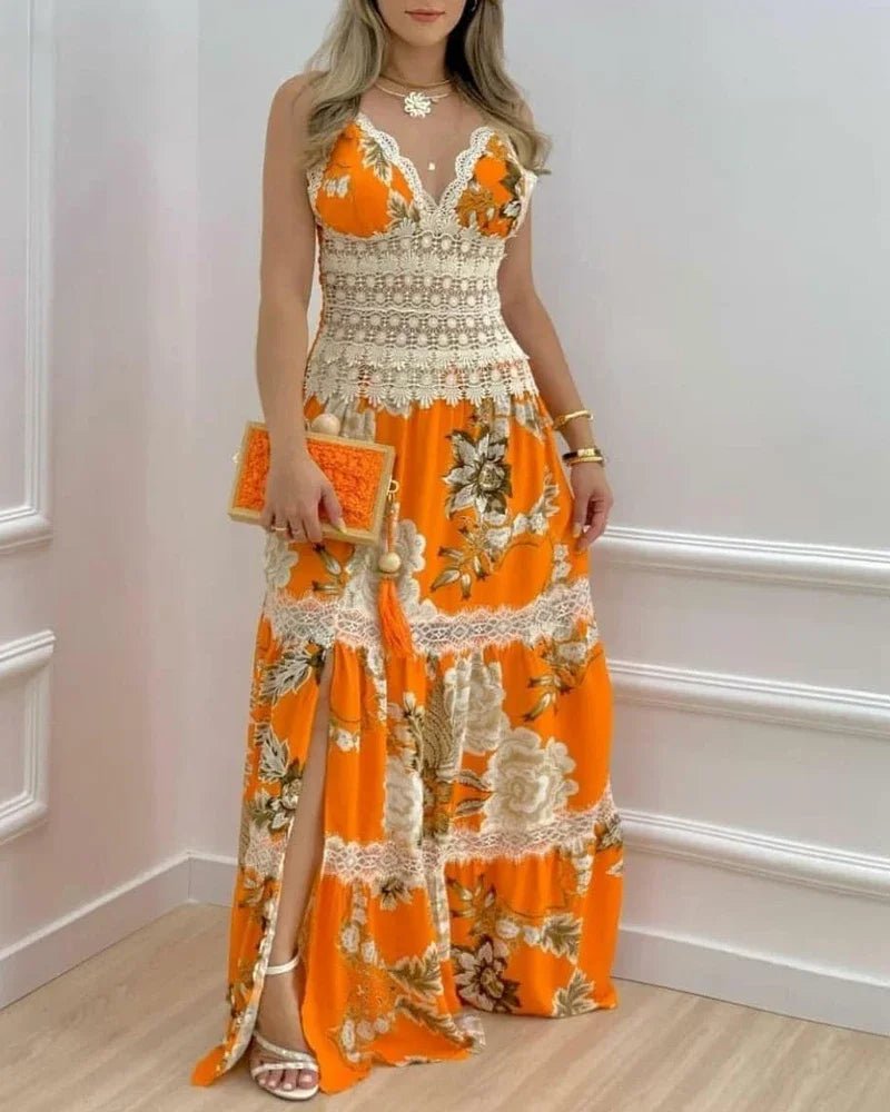 Vacation Dresses Women Floral Print Contrast Lace Split Hem Maxi Dress - EverHype