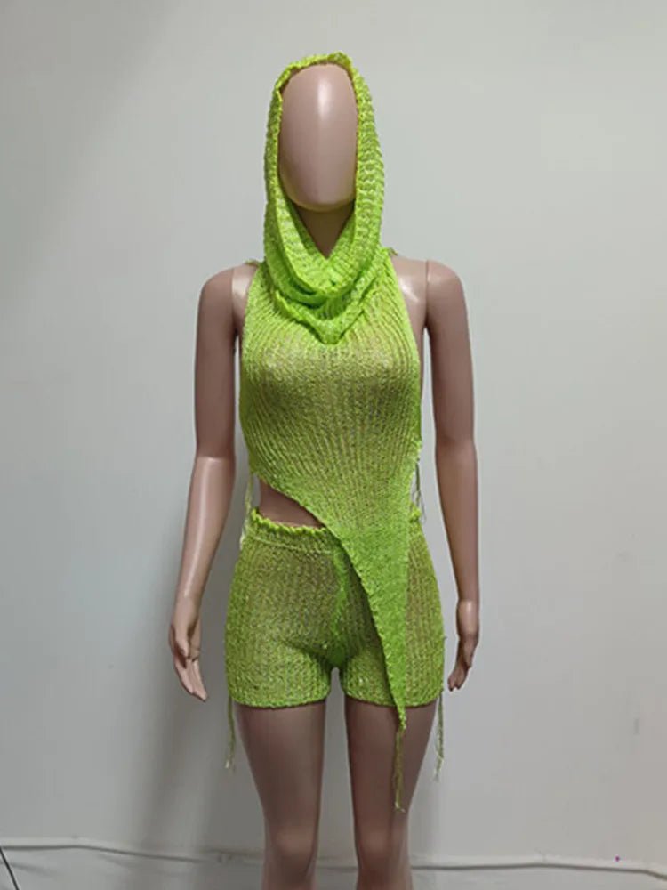 Joskaa Sequins Knit Beach 3 Piece Sets Women Sexy Backless Halter Irregular Top+Head Scarf+Shorts Matching Set Vacation Outfits - EverHype