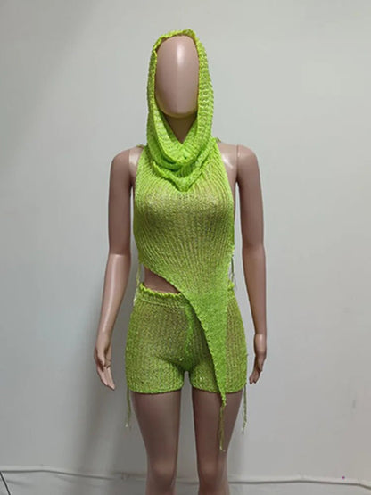 Joskaa Sequins Knit Beach 3 Piece Sets Women Sexy Backless Halter Irregular Top+Head Scarf+Shorts Matching Set Vacation Outfits - EverHype