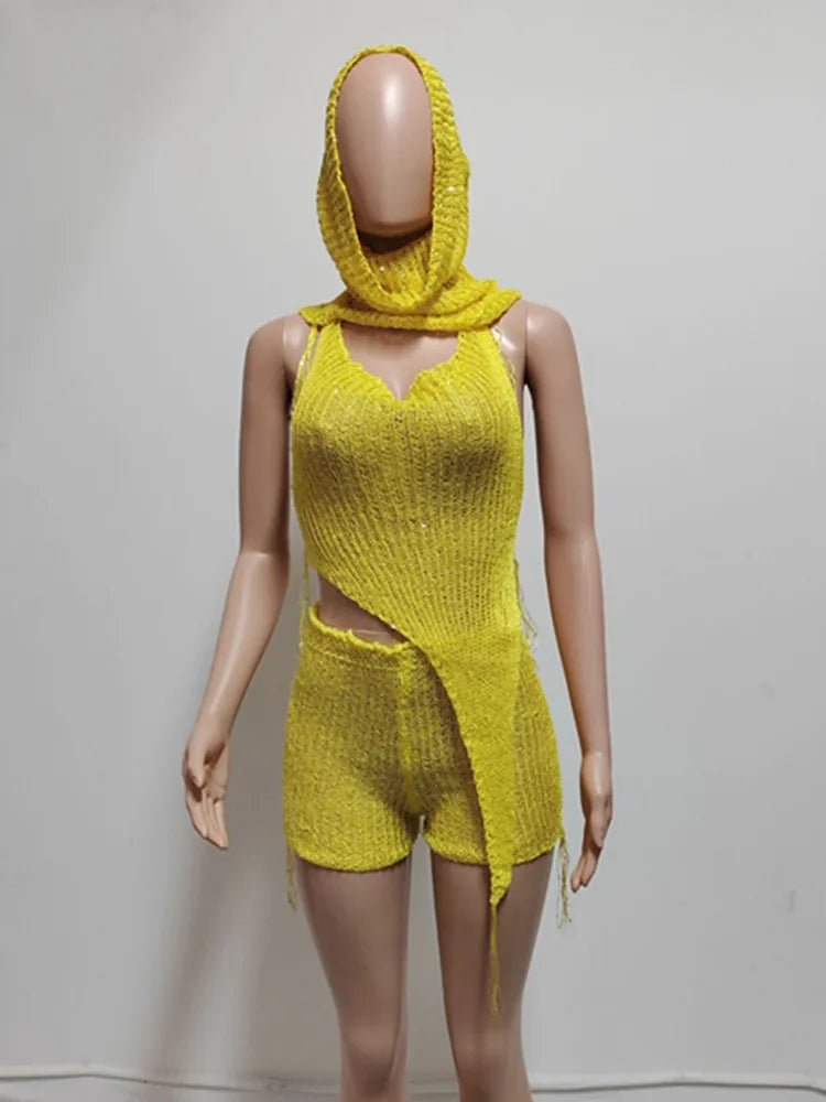 Joskaa Sequins Knit Beach 3 Piece Sets Women Sexy Backless Halter Irregular Top+Head Scarf+Shorts Matching Set Vacation Outfits - EverHype