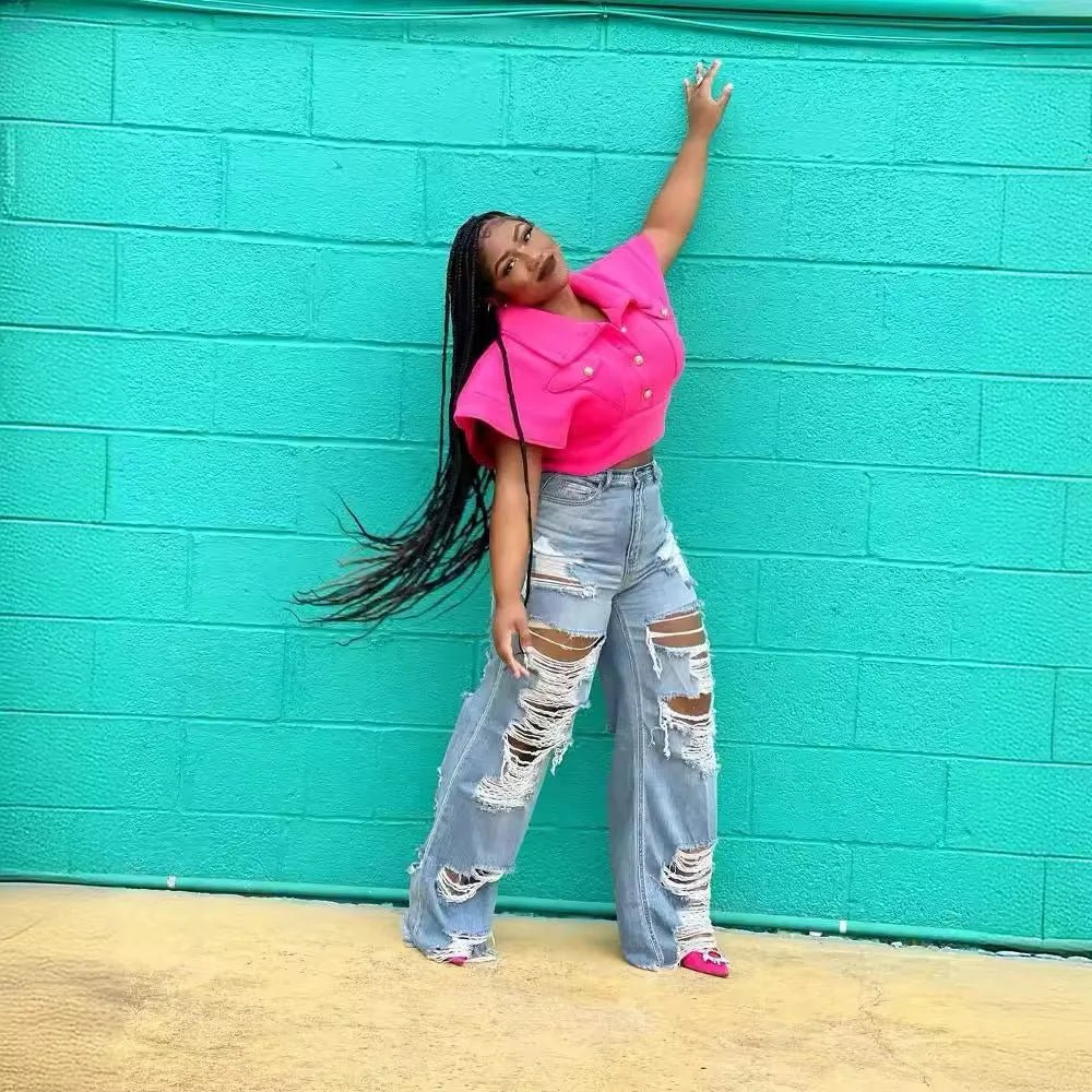 Jeans Women Long Pants Elegant Splice Denim Pant Slim Fit Sexy Hole High Waist Button Pocket Straight Trousers Summer 2024 - EverHype