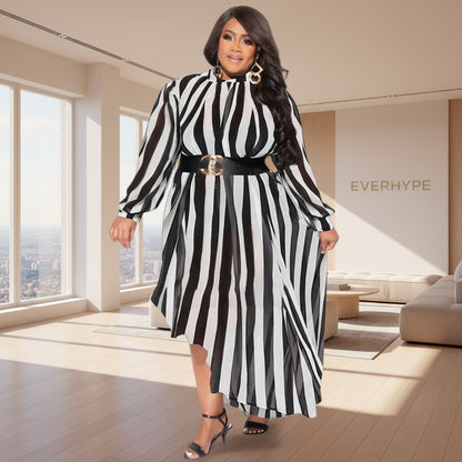L - 4XL 2022 Fall Plus Size Women Stripe Printing Long Sleeve Irregular Dresses Loose Casual Lady Clothing Dropshipping Wholesale - EverHype