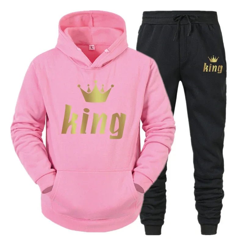 👑 King & Queen Couple Sweatsuit Bundle - 4 Piece Set | His & Hers Matching Hoodie & Jogger Pants - EverHype