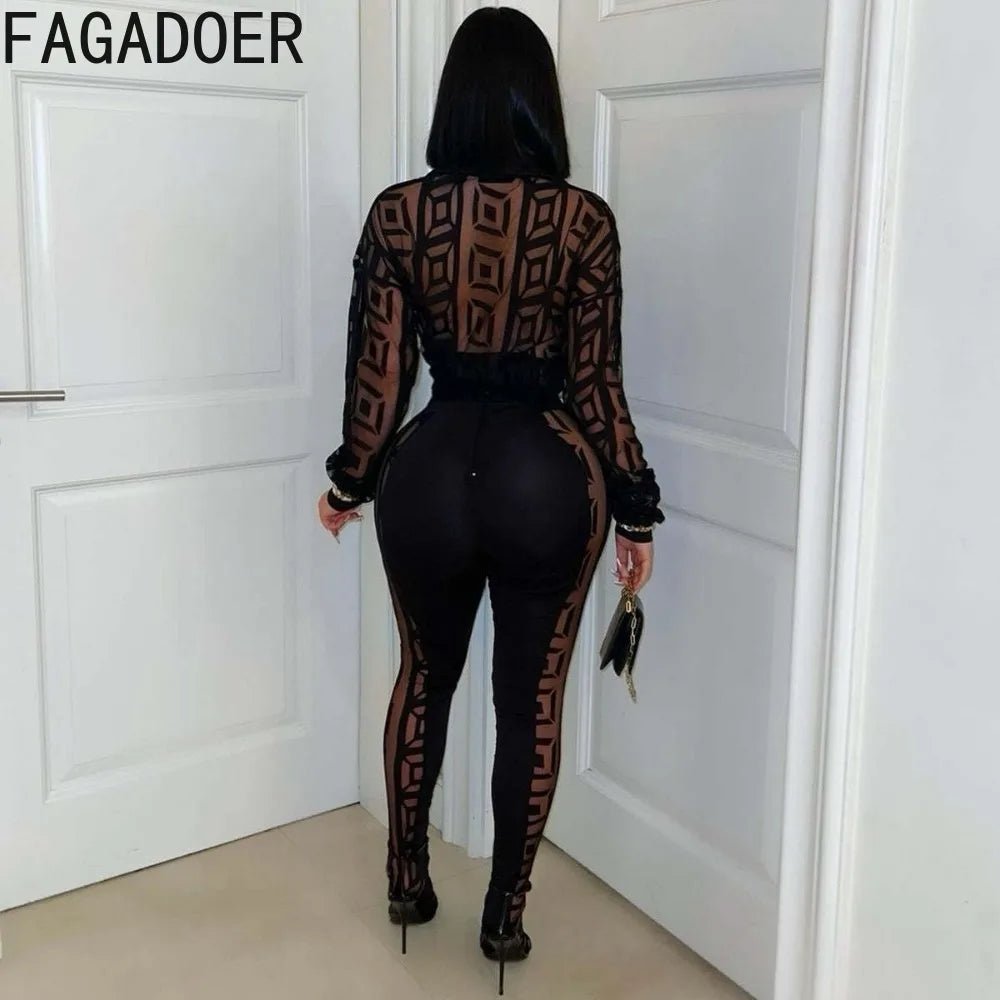 FAGADOER Sexy Mesh Women 2 Piece Set Outfit See Through Long Sleeves Crop Top + Skiny Pants Suits Female Streetwear Clothing New - EverHype
