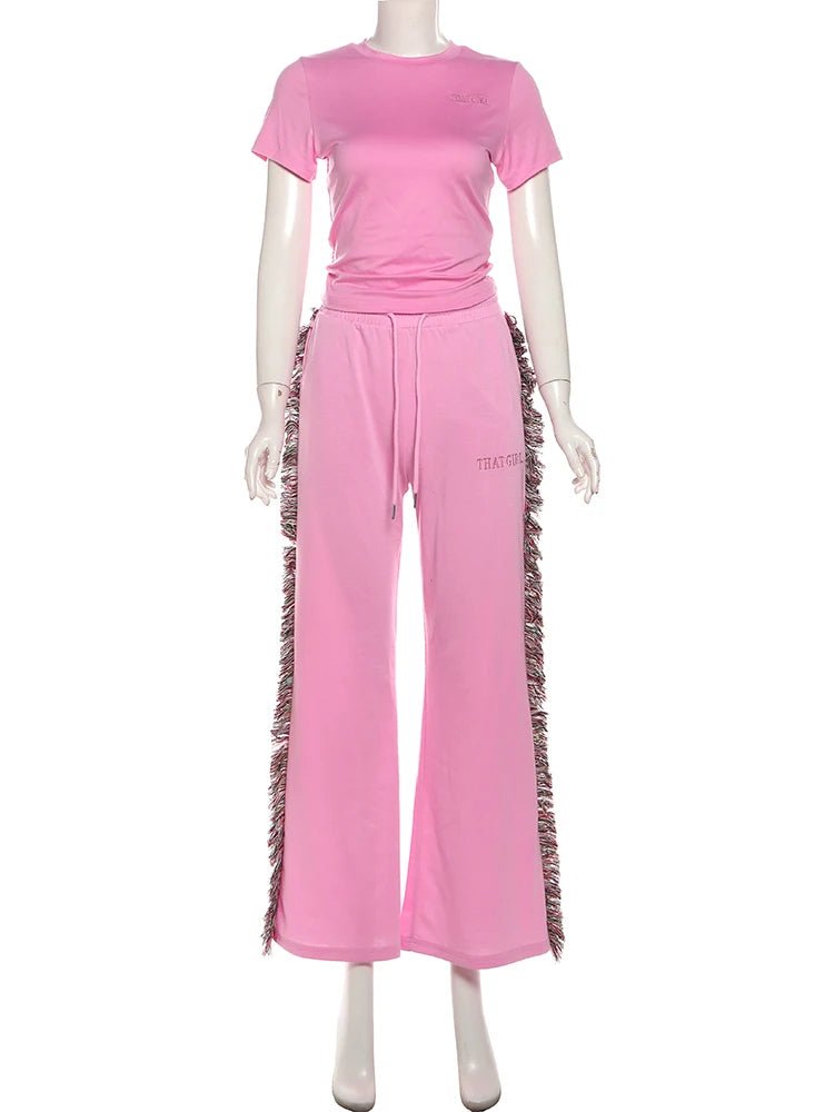 Weird Puss Casual Women 2 Piece Set Tracksuit Sporty Letter Embroidery Crop Tops+Side Tassel Straight Pants Matching Streetwear - EverHype