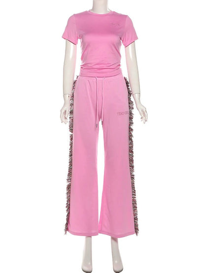 Weird Puss Casual Women 2 Piece Set Tracksuit Sporty Letter Embroidery Crop Tops+Side Tassel Straight Pants Matching Streetwear - EverHype