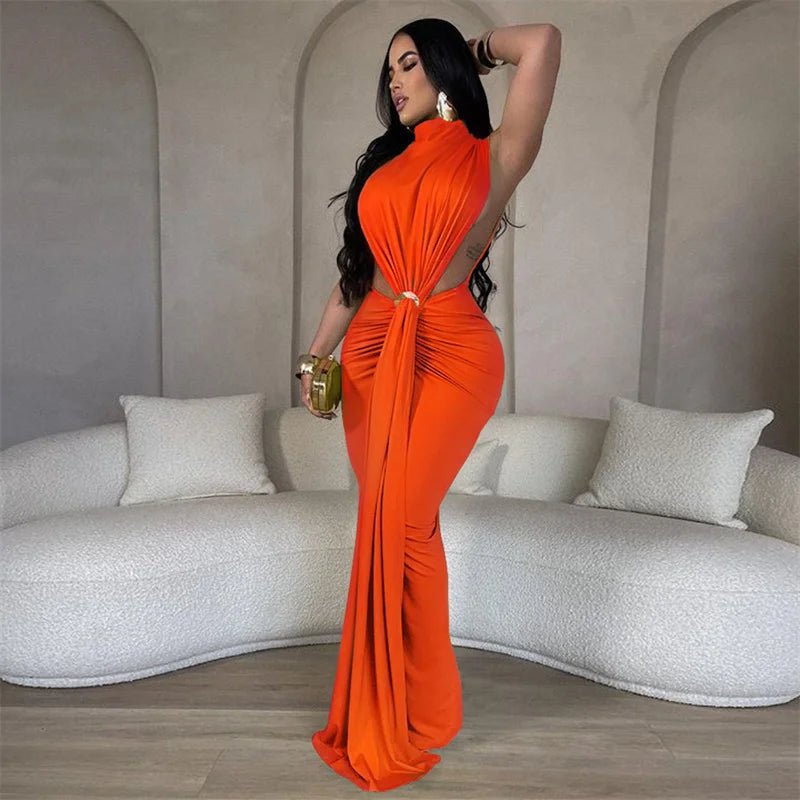 Elegant Celebrity Mermaid Maxi Dress Women Birthday Night Party Evening Prom Metal Ring Cutout Ruched Ribbon Formal Long Dresses - EverHype