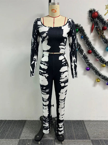 2024 Printing Knitted Two Piece Women Sets Casual Outfits Square Collar Long Sleeve Crop Top and Pants Matching Sets Loungewear - EverHype