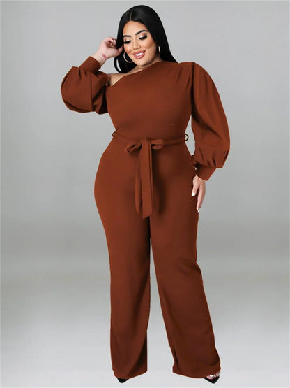 Plus Size Off - Shoulder Jumpsuit - Solid Color Romper with Sashes | Fall Office Lady - EverHype