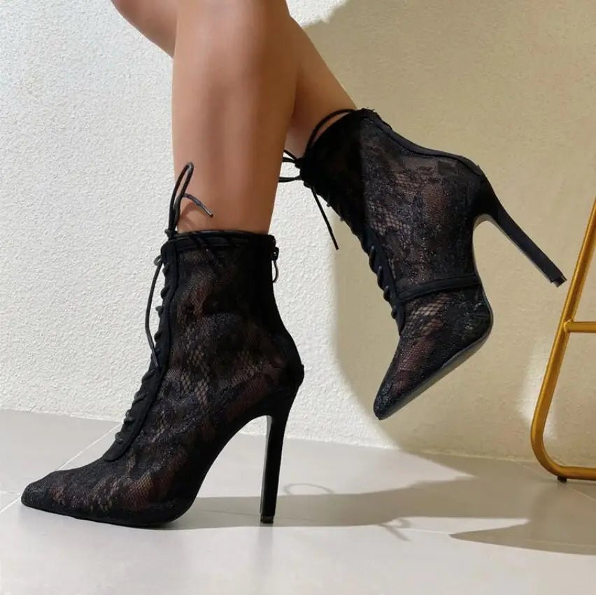 2025 New Black Mature Mesh Women Boots High Heel Pumps Floral Lace - Up Thin High Heels Ankle Pointed Toed Party Wedding Shoes - EverHype
