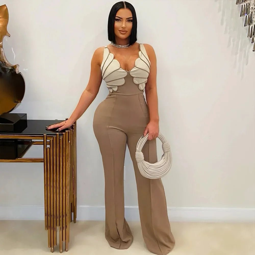 CM.YAYA Women V - Neck Backless Wide Leg Straight Sleeveless Jumpsuits 2025 Spring Patchwork Sexy One Piece Set Streetwear Outfits - EverHype